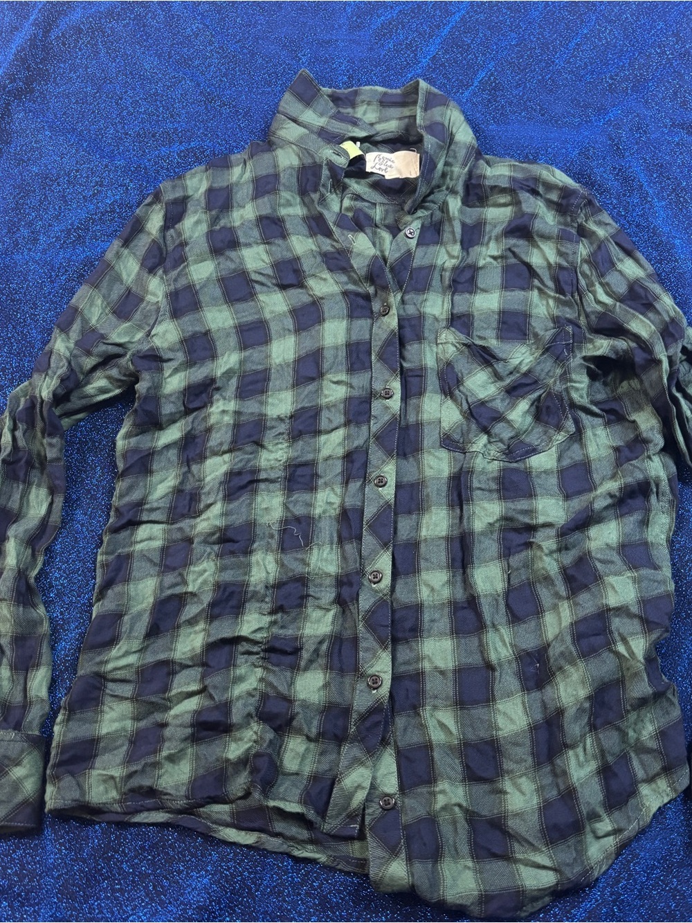 Woman’s Green and Navy Plaid Button-Up Shirt